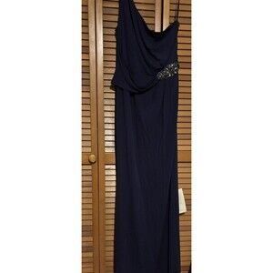 David Meister Dark Navy Blue One Shoulder Sleeveless Sheath Dress Size 12